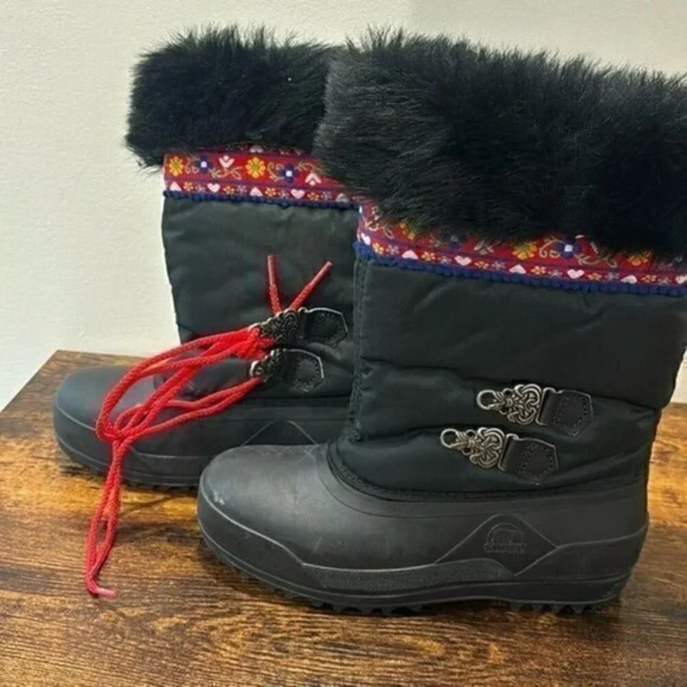 SOREL BLACK WINTER BOOTS YOUTH BIG GIRLS SIZE 5 FLORAL BOHO LINED NWT